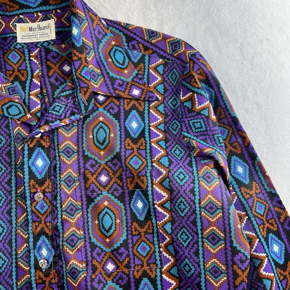 Vtg Marlboro L 16 16.5 Shirt Western Cowboy Aztec Southwest Permanent Press Mens - Picture 3 of 9